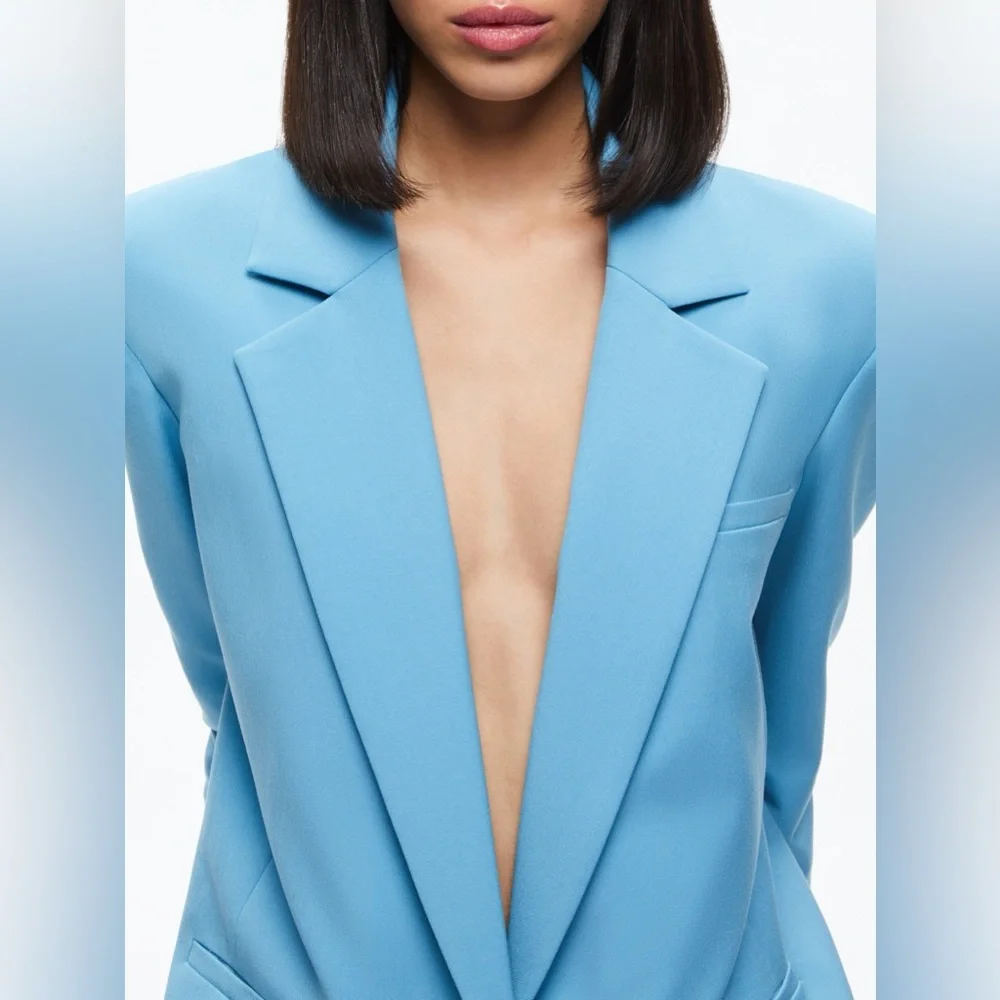 NWT $550 Alice Olivia Shan Strong-shoulder Ruched-sleeve Blazer In Oxford Blue